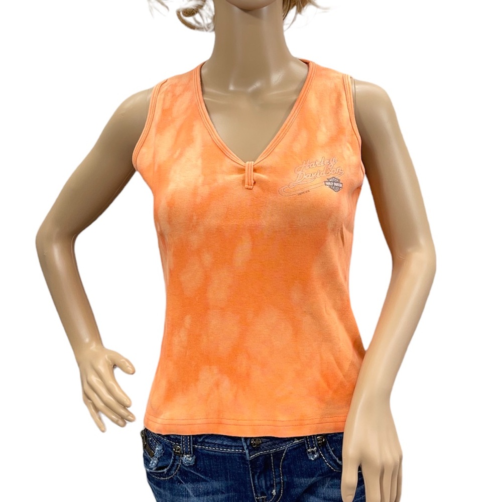 HARLEY-DAVIDSON Women’s Orange Bleach Tie Dye Ribbed V-Neck Tank Top Sz Large